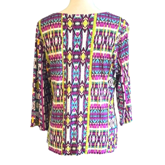 Chico's 2 Multicolor Geometric Women's Blouse Size 12 (M) 3/4 Sleeve Pullover - Picture 7 of 9